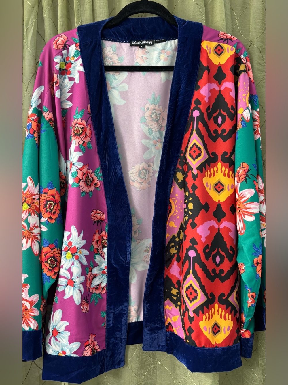 AnthropologyTolani Collection Multicolor Floral & Ikat Velvet-Trim Kimono Jacket